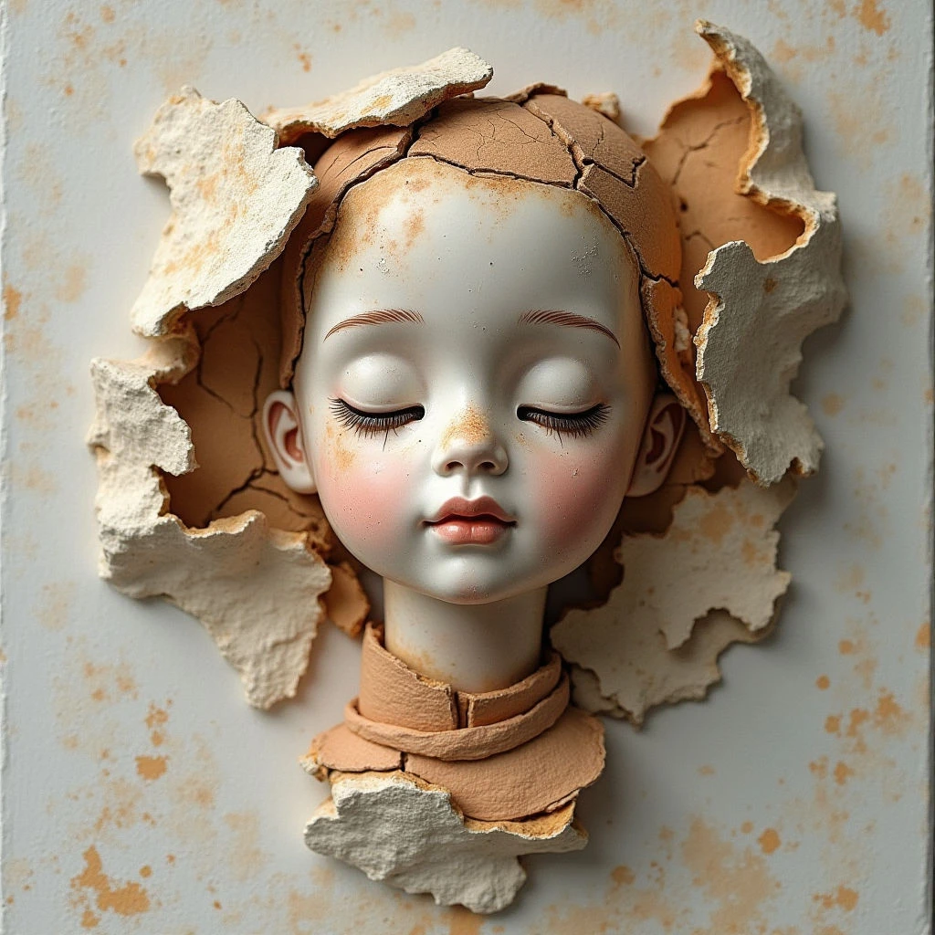 The image features a pale-skinned face with closed eyes centered within a roughly circular opening in a textured, off-white surface. Warm peach and rust tones are present both on the face’s delicate features and around the edges of the surrounding fractured material, which appears sculpted or molded. Soft, diffused light illuminates the composition evenly, creating minimal shadows and emphasizing the smooth contours of the face against the rougher backdrop.