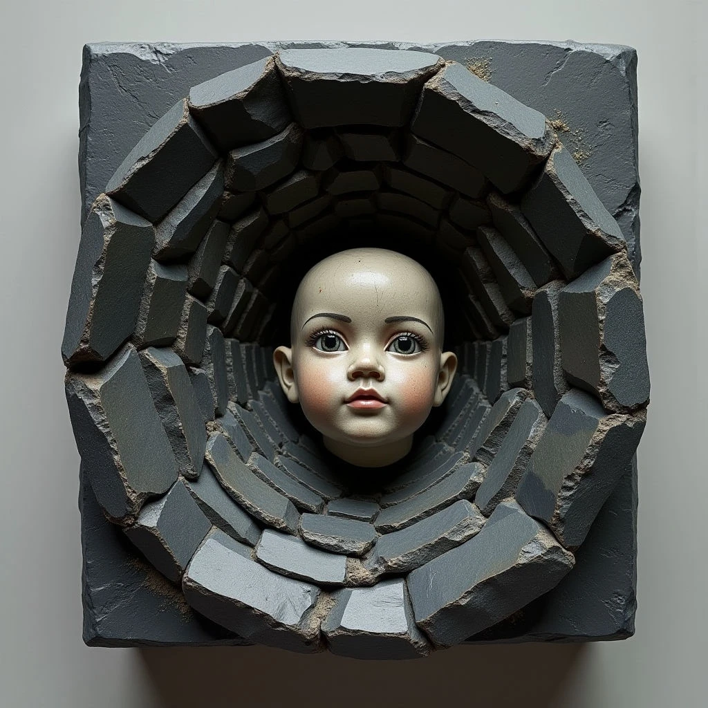 The image features a pale humanoid head centered within a roughly square arrangement of dark gray, brick-like forms. These surrounding blocks exhibit varied textures, ranging from smooth to rough and chipped, creating a receding tunnel effect around the face. Soft, diffused light illuminates both the head and the interior of the tunnel, with shadows defining the depth and individual shapes of the bricks.