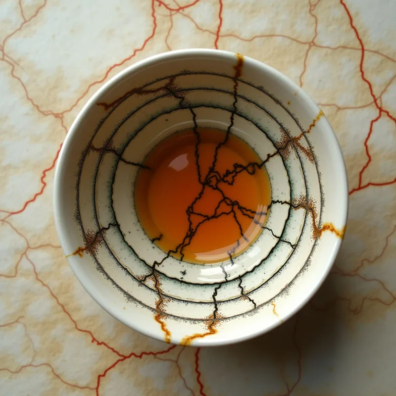 A white ceramic bowl filled with amber liquid sits centered against a pale, cream-colored surface marked by thin red veins. Dark, irregular lines and textured brown patches trace jagged paths across the interior of the bowl and through the liquid. Concentric circular ridges inside the vessel create a rhythmic pattern that contrasts with the organic, web-like shapes of the background.