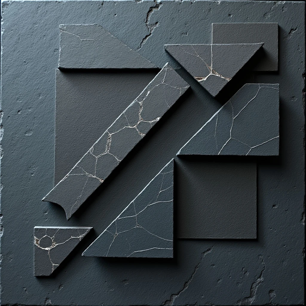The image features a dark, cool color palette dominated by shades of gray and blue-gray across a textured surface. Angular, fractured geometric shapes—primarily rectangles and triangles—are layered upon a similarly textured background, creating depth through raised relief. Light appears to originate from the upper left, casting subtle shadows that emphasize the spatial relationships between the overlapping forms and highlight the crackled patterns within each shape.