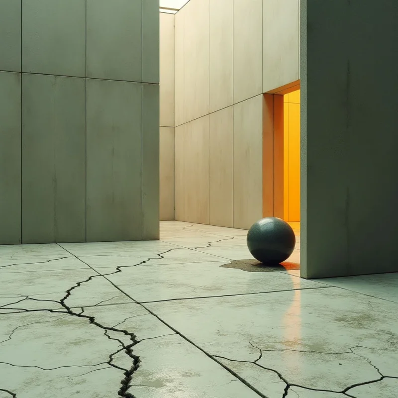 Minimalist structures in muted beige and pale green tones create a geometric environment of flat planes and sharp angles. A single dark, spherical object sits on a cracked, light-colored ground, providing a smooth contrast to the textured, fractured surface below. Warm yellow light glows from within an open doorway, establishing a focal point against the neutral shadows and expansive spatial layout.