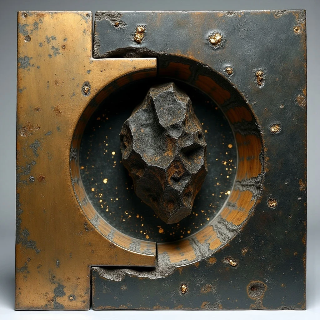 The work features a predominantly dark color palette with shades of black and bronze, punctuated by small gold accents. Rough, uneven textures contrast with smoother metallic surfaces, and a central jagged form protrudes from within a circular opening framed by layered rectangular shapes. Light appears to be focused on the protruding element, creating shadows that emphasize its three-dimensionality against a speckled background within the frame.
