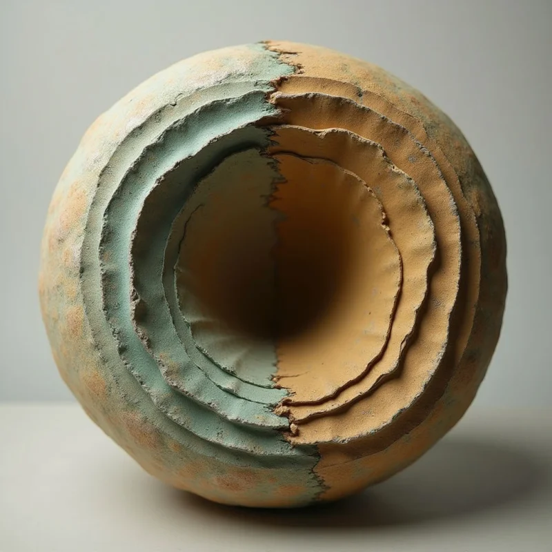 The object is a roughly spherical form with concentric, layered rings creating a central void. Colors are primarily muted earth tones – shades of tan and peach – contrasted by bands of pale teal-green along the ring edges. Light appears soft and diffused, casting gentle shadows within the layers and highlighting a slightly rough, uneven texture across the surface.