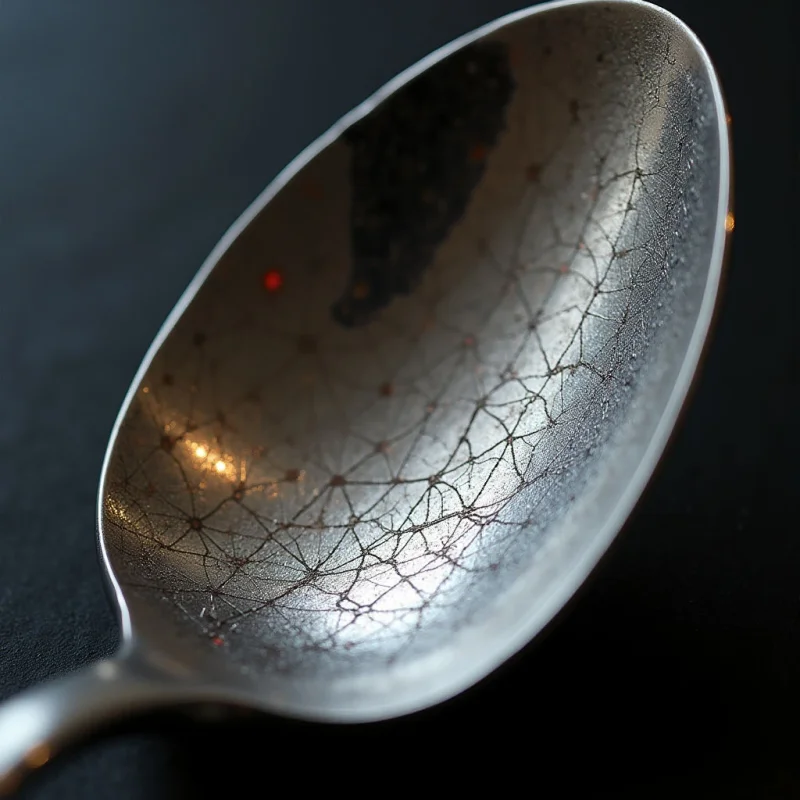 The image features a silver spoon with a highly reflective interior against a dark background. A network of fine, crack-like lines covers the bowl of the spoon, accented by small reddish points of light scattered throughout. Light sources create bright highlights and distorted reflections within the concave surface, contrasting sharply with the surrounding shadows and matte texture of the handle.