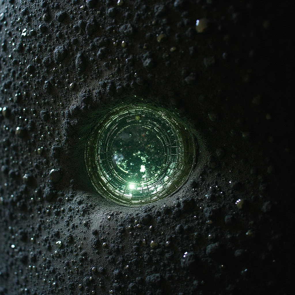 The image is dominated by dark gray and black tones with a central focal point of bright green light emanating from a circular opening. The surrounding surface appears rough and granular in texture, contrasting sharply with the smooth, metallic structure within the circle’s interior which contains repeating geometric shapes. Light diminishes as it recedes into the depth of the circular form, creating a sense of perspective and enclosure within a larger, undefined space.