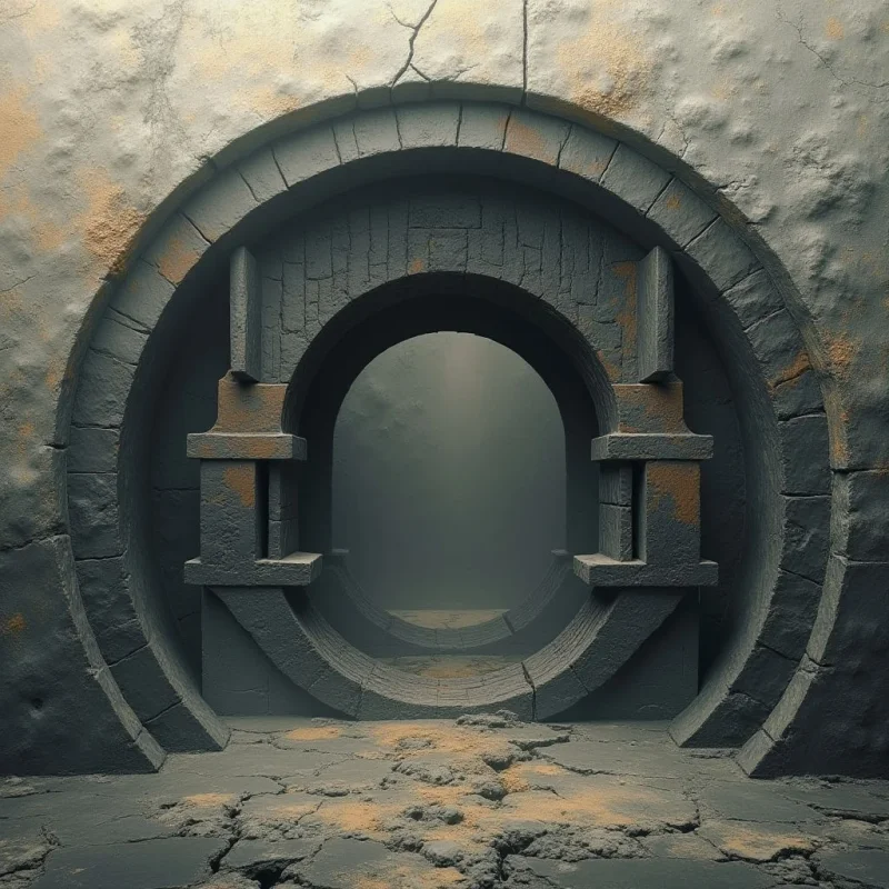 A series of concentric stone arches in muted gray and ochre tones create a deep, tunnel-like perspective. The surfaces feature rough, weathered textures with cracks and granular patches distributed across the circular shapes. Soft, diffused light emanates from the center, illuminating the smooth interior walls while casting subtle shadows within the layered architectural forms.