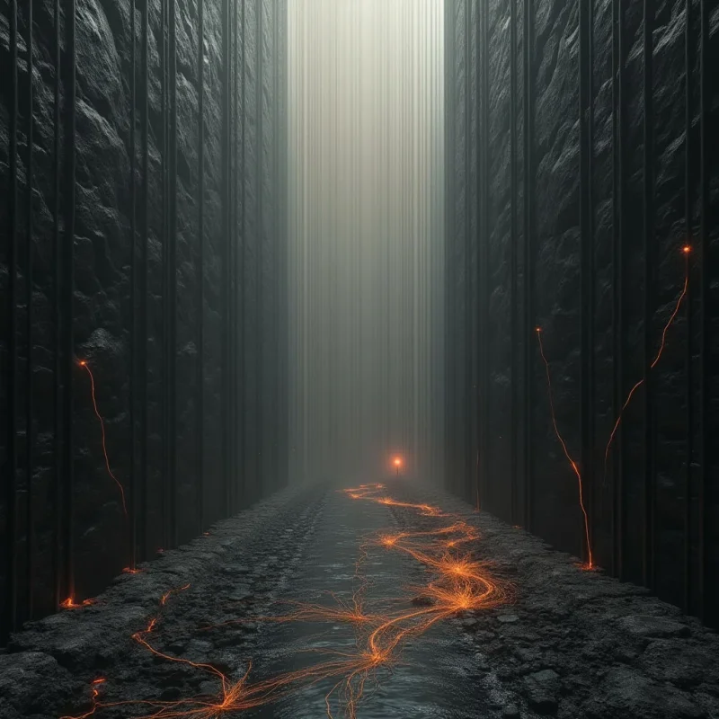 A narrow corridor of dark, textured stone walls recedes into a bright, misty void of pale white and grey. Glowing orange filaments web across the rugged floor and climb vertically up the shadowed sides, creating sharp lines of light against the monochromatic surroundings. The composition is defined by strong verticality and deep perspective, leading the eye toward the hazy center.