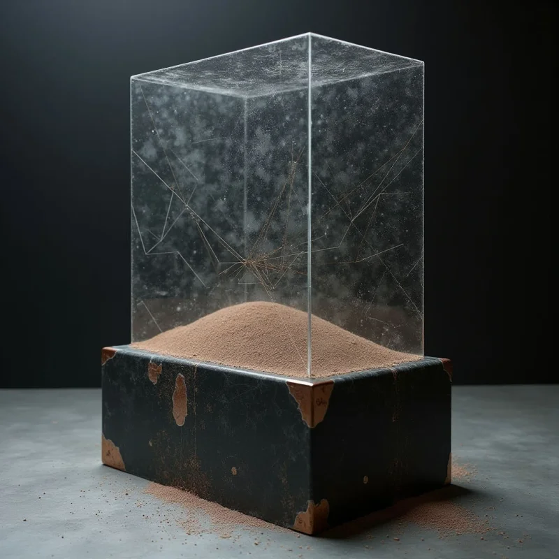A transparent rectangular prism with etched, web-like lines sits atop a dark, weathered cubic base containing a mound of fine brown sand. The composition features sharp geometric shapes contrasted by the granular texture of the sand and the distressed, metallic edges of the pedestal. Soft light illuminates the scene from above, casting gentle shadows on the gray surface below.