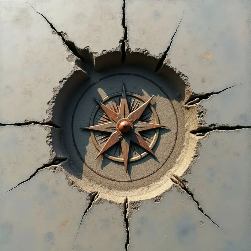 A central bronze star with sharp, pointed rays is set within a circular indentation of rough, sandy texture. Dark fissures radiate outward from the center across a smooth, light gray surface, creating a jagged sunburst pattern. The lighting casts soft shadows within the crevices and around the raised edges of the central emblem.