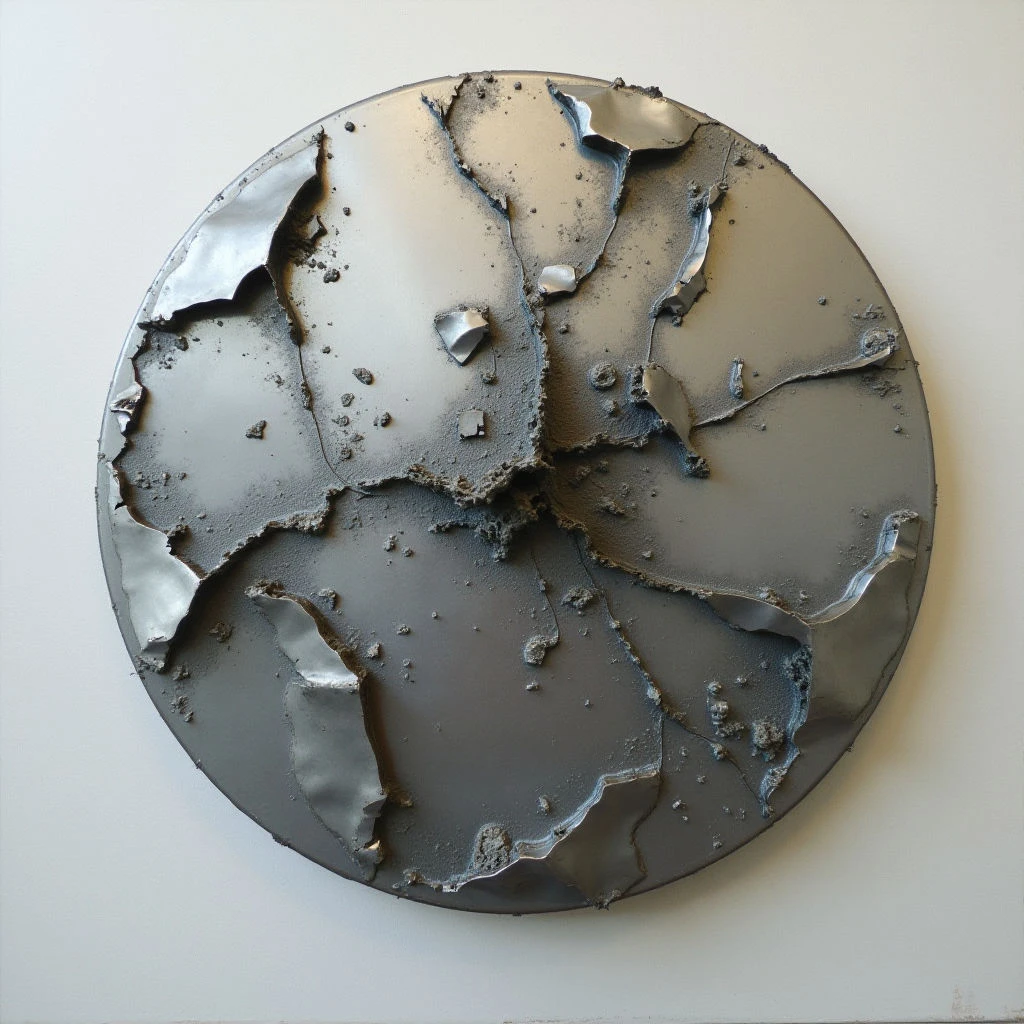 A circular, metallic surface is heavily fractured and appears to be crumbling away from a central point. The texture is rough and uneven, with bits of debris scattered across the gray material. Patches of shiny metal remain amidst areas of dark, eroded substance, suggesting damage or decay.