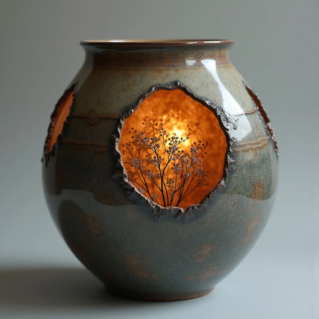 The object is a rounded vessel with a mottled surface of browns and grays, exhibiting a glossy sheen interrupted by areas of rougher texture. A large irregular opening reveals a warm, glowing interior filled with delicate, branching forms against a bright light source. The shape is largely organic and bulbous, set against a neutral gray background that emphasizes its three-dimensional form and creates contrast.