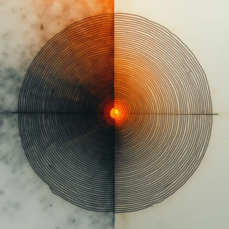 A central orange glow radiates from a bright core, surrounded by concentric black circular lines that form a large disk. The composition is split vertically into two halves: the left side features dark, mottled textures against a greyish background, while the right side presents smooth, pale cream tones. A thin black crosshair intersects at the center of the circle, creating a structured spatial relationship between the geometric rings and the textured backdrop.