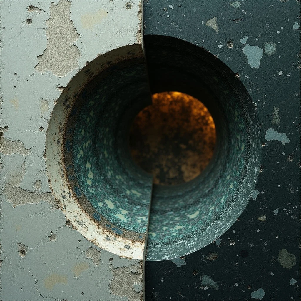 The image is dominated by a circular opening framed by two textured surfaces – one pale grey with flaking paint and the other a dark teal speckled with lighter patches. A warm orange glow emanates from within the tunnel visible through the hole, contrasting with the cool tones of the surrounding walls. The spatial arrangement focuses inward towards the bright center, creating a sense of depth despite the close proximity of the surfaces.
