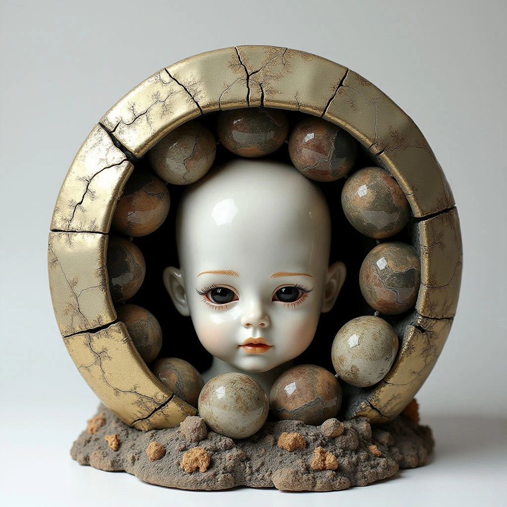 The image features a pale doll head centered within a circular arrangement of textured stones and a cracked golden arch. Varied earth tones – browns, grays, and muted golds – dominate the color palette, with smooth porcelain contrasting against rough stone surfaces. Light appears diffused, creating soft highlights on the doll’s face and within the recesses of the surrounding structure, while spatial depth is suggested by the arrangement of stones receding into the archway.