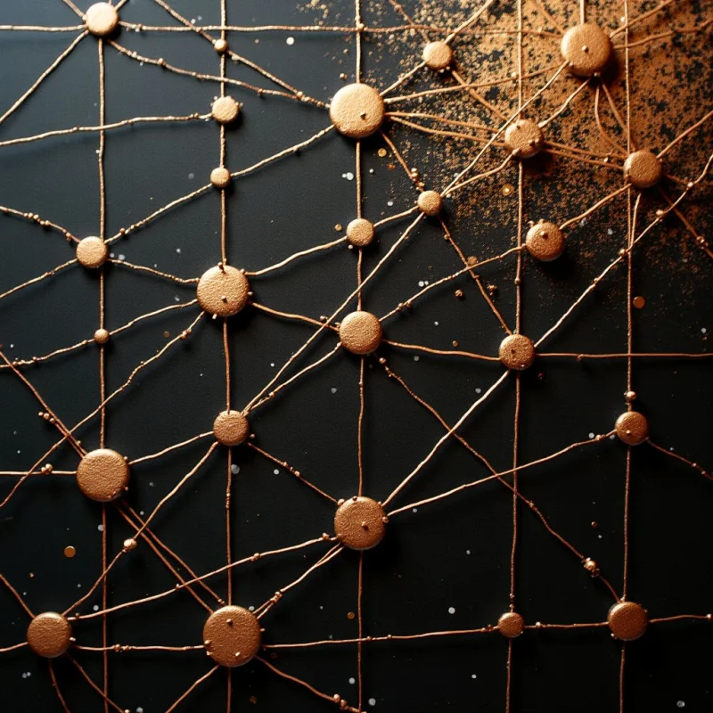 A network of interconnected bronze spheres and thin lines is set against a dark, matte black background. The composition features metallic textures with fine granular speckles concentrated in the upper right corner, creating a sense of depth through varying light reflections. Geometric linear paths connect the circular nodes across the frame, establishing a structured yet organic spatial relationship.