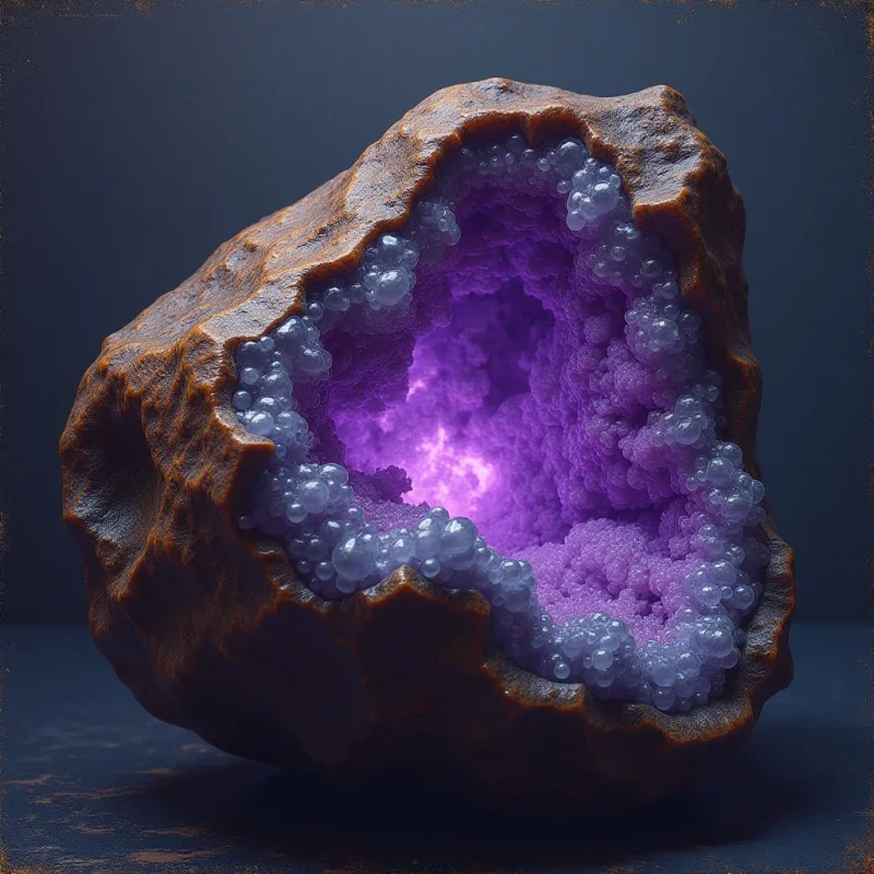 A rugged, dark brown exterior with a rough, uneven texture surrounds a hollow center filled with luminous purple crystalline clusters. These small, rounded shapes catch light from within the cavity, creating a bright glow that contrasts against the matte, earthy shell and the dim, neutral background. The composition centers on the spatial depth between the thick outer crust and the glowing, textured interior.