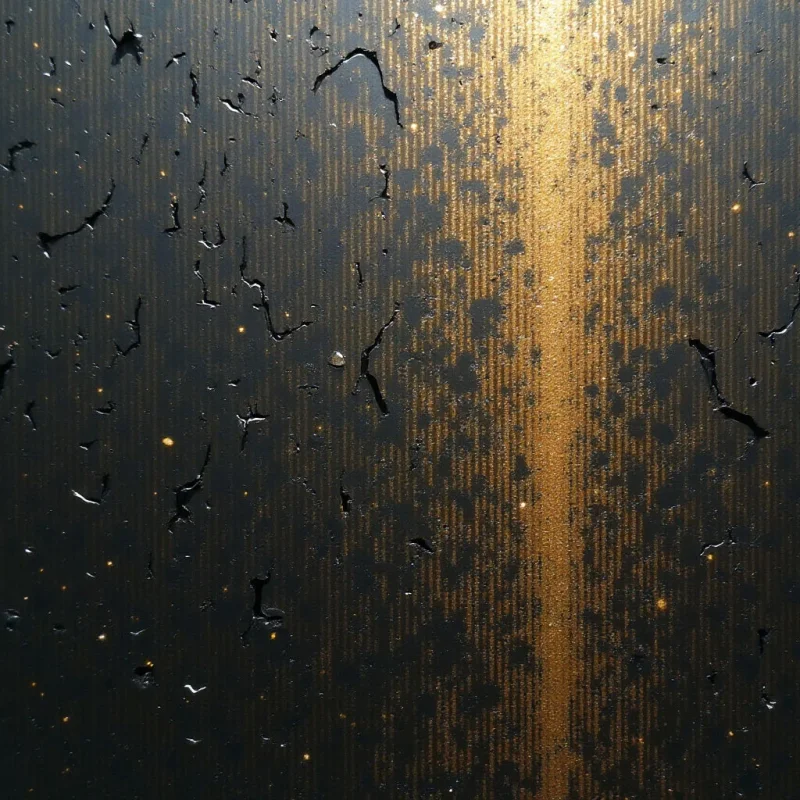 A vertical composition features a dark, textured surface marked by irregular black cracks and scattered golden flecks. A bright, shimmering gold band of light runs vertically through the center, contrasting with the matte black areas. The interplay of light creates a sense of depth between the smooth, luminous gold streaks and the rough, fractured dark textures.