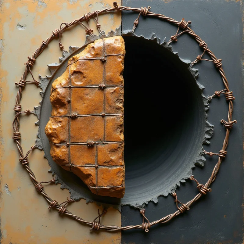 A circular opening is split between a textured, ochre-colored stone surface with grid-like indentations and a dark, shadowed void. The composition is framed by a rusted wire ring that encircles the central aperture against a background of divided tan and charcoal panels. Light falls unevenly across the scene, highlighting the rough grain of the stone while leaving the interior of the circle in deep shadow.