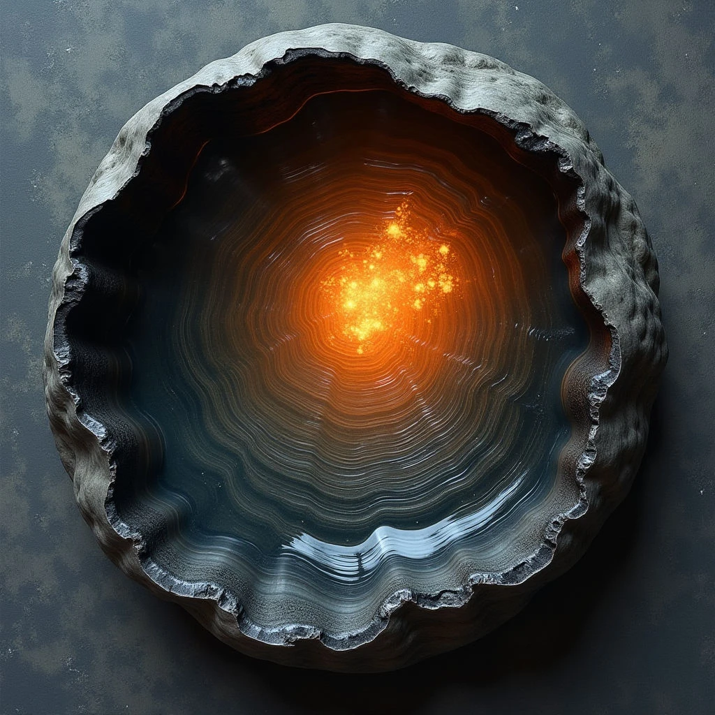 The image features a roughly circular form with concentric layers radiating from a bright central point. Colors transition from warm oranges and yellows at the core to cooler shades of gray, blue, and white in the outer bands, creating a sense of depth. The exterior has a rough, uneven texture contrasting with the smooth, polished appearance of the layered interior; light emanates strongly from the center and diminishes outwards, casting shadows along the edges of the form.