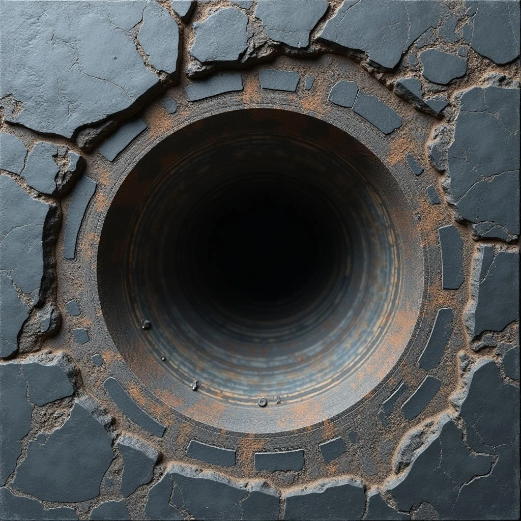 The image features a dark, circular opening surrounded by irregularly shaped, slate-grey stone pieces. The interior of the tunnel is black and appears to recede into shadow, while the surrounding stones exhibit rough, fractured textures with visible cracks and variations in tone. A ring of reddish-brown material frames the opening, contrasting with both the dark center and the cooler grey of the exterior stones, creating a sense of depth.