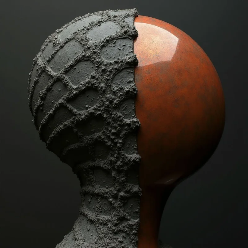 A split vertical composition features a spherical form divided into two distinct halves against a dark gray background. The left side is composed of a rough, porous gray texture with a raised web-like pattern, while the right side displays a smooth, polished surface in deep burnt orange. Soft light illuminates the object from the upper left, creating subtle highlights on the orange curve and casting shadows within the crevices of the gray texture.