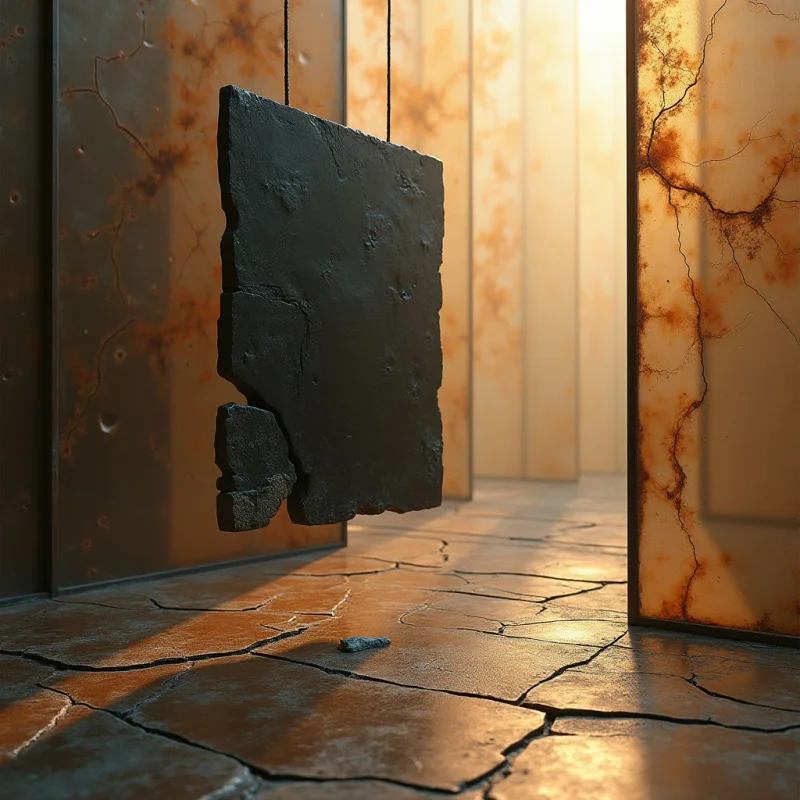 A dark, jagged slab of stone hangs suspended by thin wires between two tall, weathered panels characterized by warm ochre and rust tones. The surfaces feature cracked textures and irregular patterns, with bright light streaming from the background to create long shadows across a fractured floor. The composition is defined by vertical lines and a central floating object that creates a sense of depth within the narrow corridor.