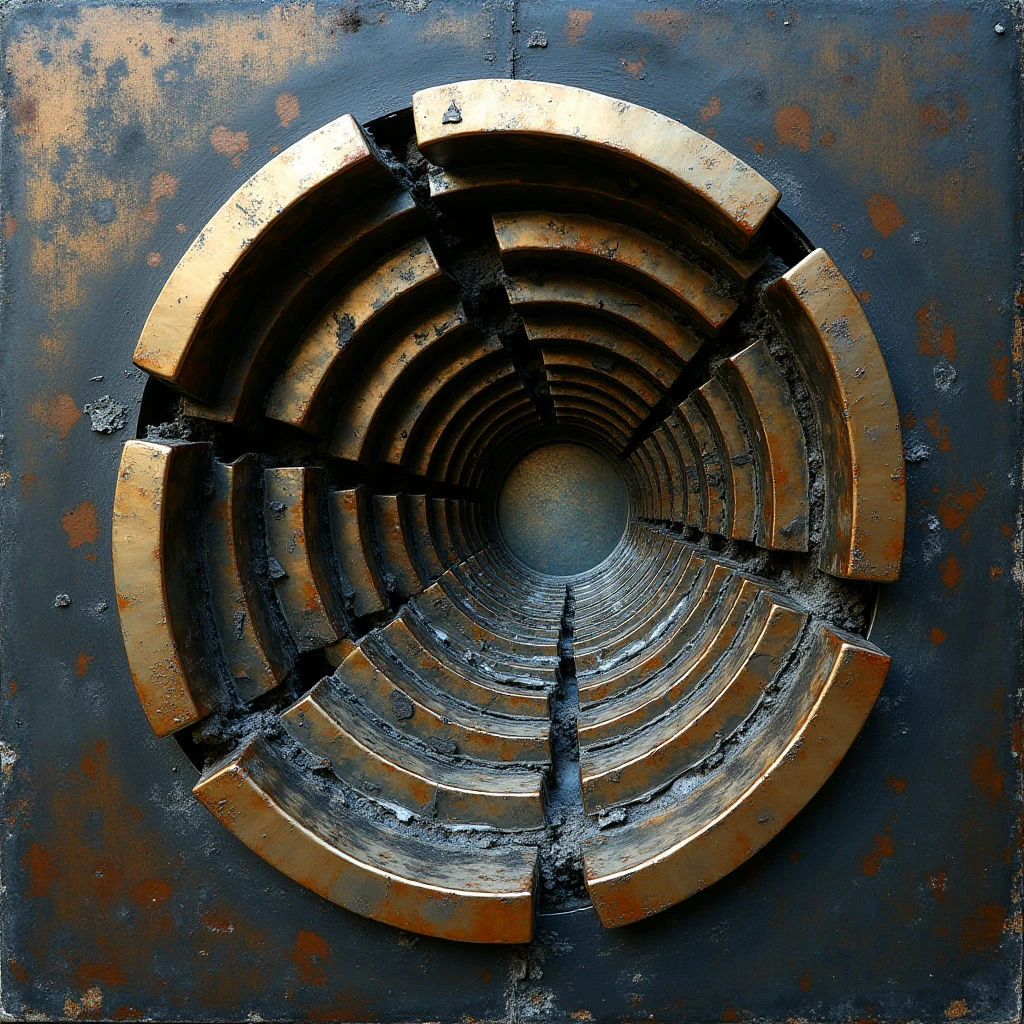 The image features a central circular form composed of concentric rings in shades of warm gold and brown, set against a dark blue-gray square background. The rings have a rough, textured surface with visible cracks and imperfections, while the surrounding background appears similarly aged and mottled. Light seems to emanate from the center of the circle, creating a sense of depth as the rings recede into an implied tunnel or well-like space.