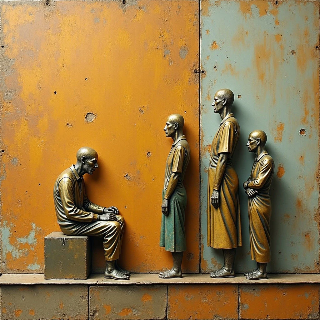 The image features four humanoid figures positioned against a wall composed of two adjacent rectangular panels—one orange and one muted teal—both exhibiting a heavily textured, corroded surface. Three figures stand in profile facing away from the viewer, while one sits with their head lowered; all appear metallic with bronze-toned coloration and subtle variations in patina. Soft lighting casts gentle shadows that emphasize the forms’ volume and create a sense of depth within the compressed spatial arrangement along a low horizontal base.