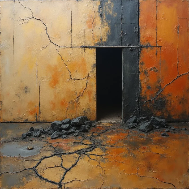 A vertical black doorway sits centered within a wall of textured ochre, rust, and dark grey panels marked by jagged, branching cracks. Scattered dark grey stones lie at the base of the structure where the walls meet a cracked, earthy ground. Light appears diffused across the weathered surfaces, creating depth through the contrast between the brightly lit exterior planes and the void of the dark entrance.