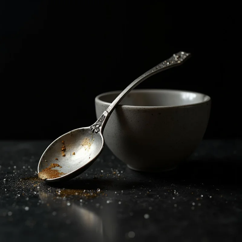 A silver spoon with an ornate handle rests diagonally against a matte white ceramic bowl on a dark, textured surface. Fine golden powder and scattered translucent grains are spread across the metallic curve of the spoon and the surrounding black foreground. The composition uses high-contrast lighting to highlight the smooth surfaces of the bowl and metal against a deep, void-like black background.