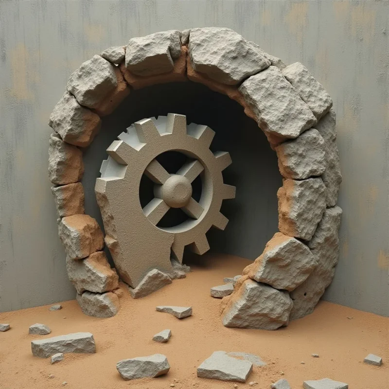 A large, jagged stone arch frames a central gear-shaped object made of smooth, light gray material. The composition features earthy tones of sand and tan contrasted against cool gray textures ranging from rough, broken rock to matte surfaces. Light casts soft shadows within the circular enclosure, creating depth between the foreground debris and the recessed background.