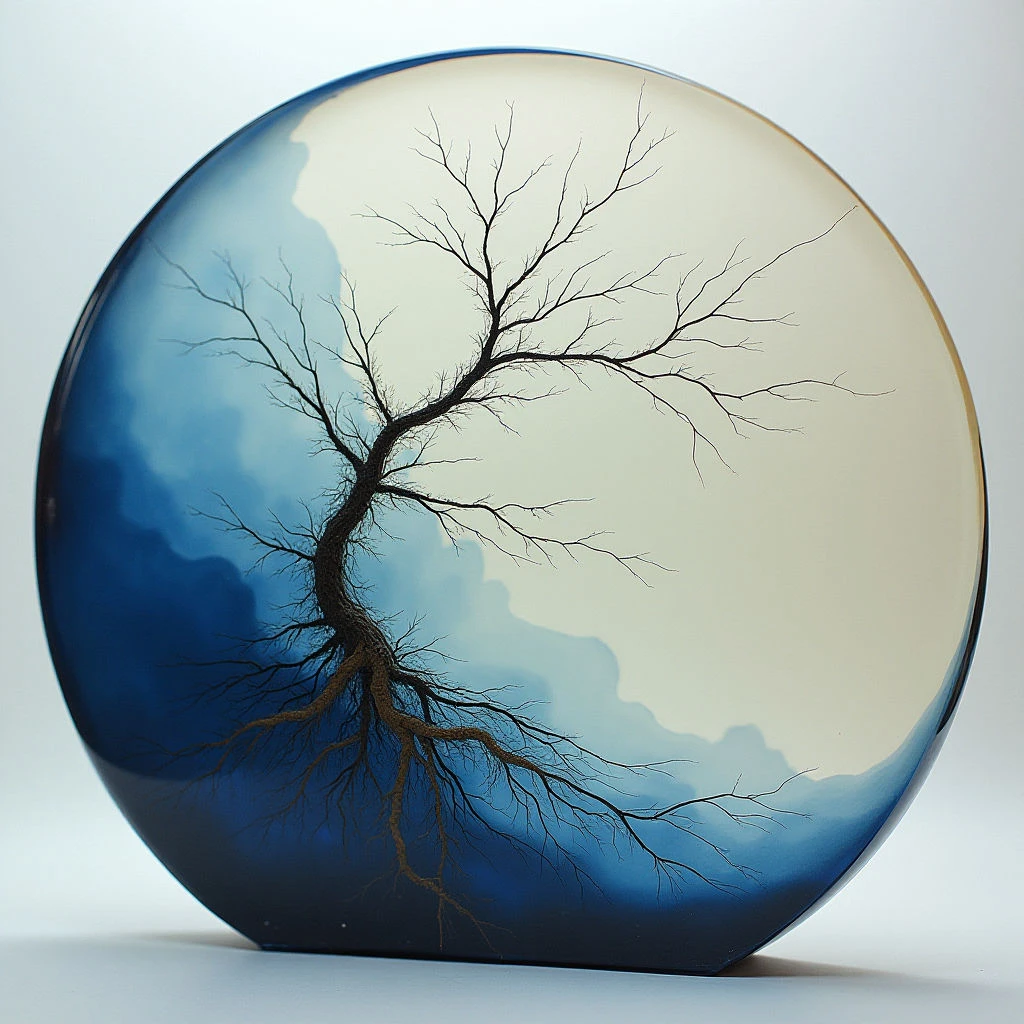The image depicts a circular form bisected into two distinct color fields: a creamy off-white and a gradient of blues ranging from deep navy to lighter sky tones. A bare tree with intricate branching patterns extends across the division, its roots visible and detailed against the darker blue area. The overall texture appears smooth and glossy, with light reflecting softly across the surface and creating a sense of depth within the rounded shape.