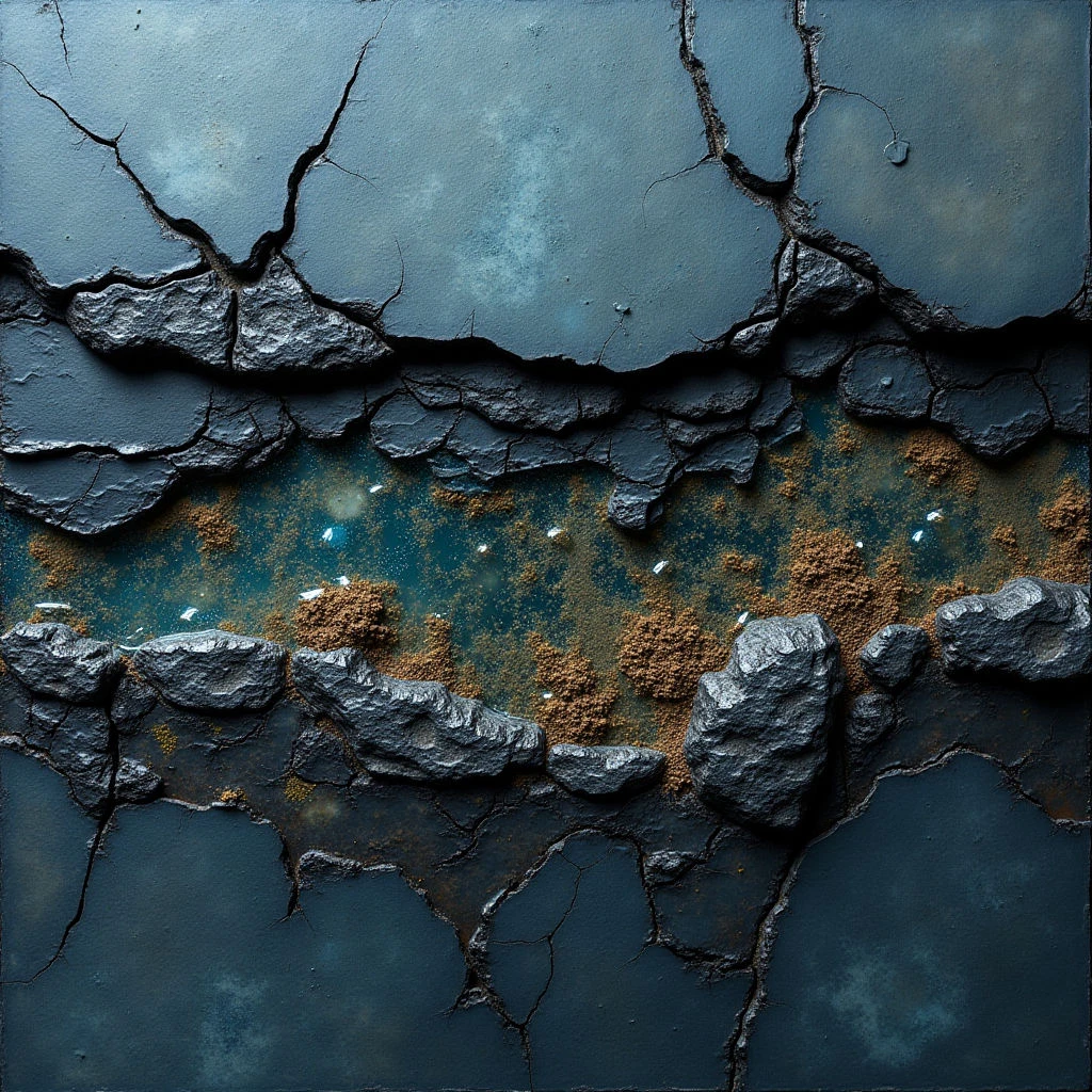 The image is dominated by shades of blue and gray, with a central band of warmer brown tones. Rough, uneven textures are present throughout—cracked surfaces above and below contrast with the jagged edges of dark stone-like forms in the middle ground, which contain patches of granular material. Light appears diffused, casting subtle shadows that emphasize the depth between the layers and within the fractured spaces.