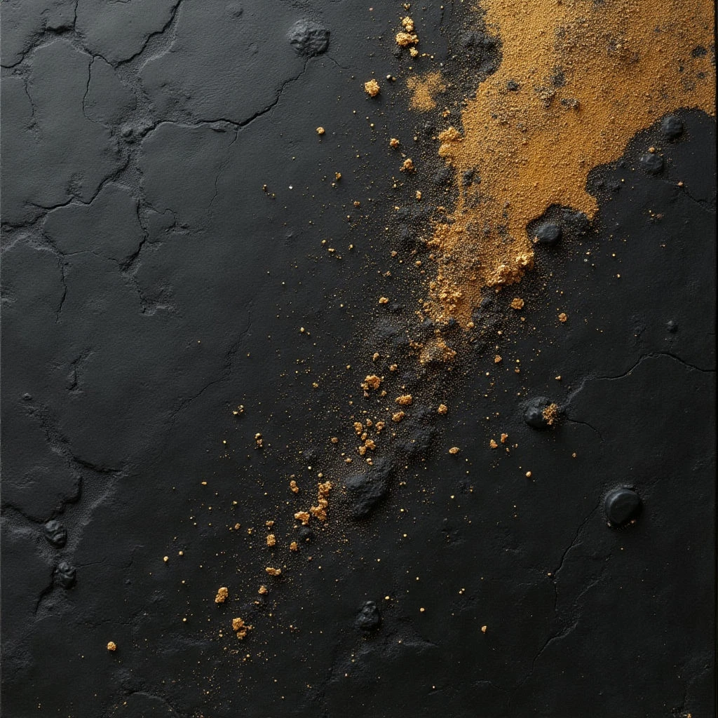 The image is dominated by a dark, matte black surface with a network of fine cracks and uneven texture. Scattered across the surface are small clumps and individual grains of a golden-brown granular material, concentrated more heavily in a diagonal swath from upper right to center. Light appears directional, creating subtle highlights on raised areas and within the textured crevices, emphasizing depth and casting soft shadows.