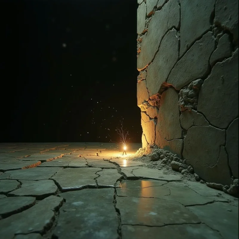 A vertical, textured wall of cracked stone occupies the right side of the frame, casting a warm amber glow against its rough surface. This light originates from a small, glowing figure standing on a vast expanse of parched, fissured ground that stretches toward a dark, void-like background. The composition contrasts the heavy, geometric cracks of the earth and wall with tiny, floating particles of light suspended in the darkness.