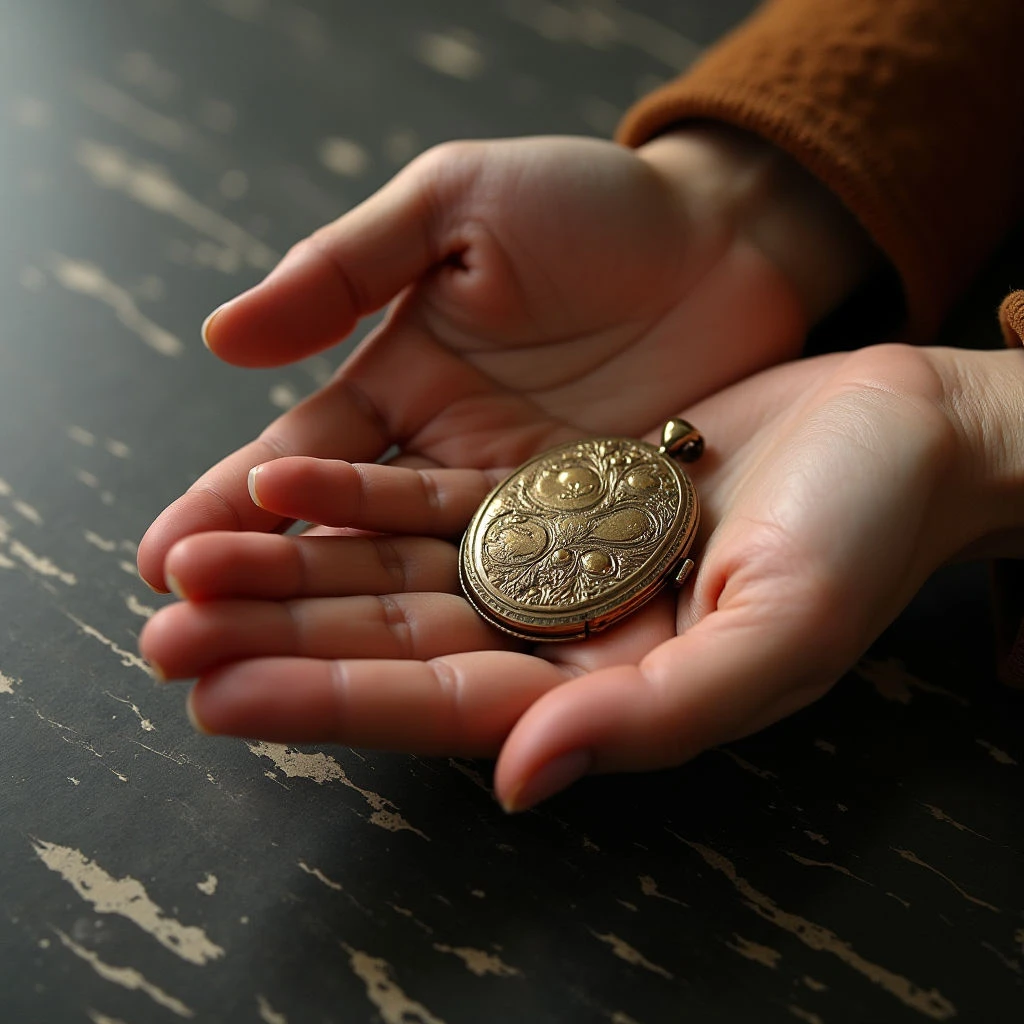 Warm tones of brown and gold dominate the image, with a dark, mottled surface below the hands. The hands cradle a circular, ornate metal object featuring detailed relief work, contrasting smooth skin texture against the rougher detailing of the pendant. Light highlights the center of the hands and the raised portions of the object, creating shadows that define its form and placement within the open space of the palms.