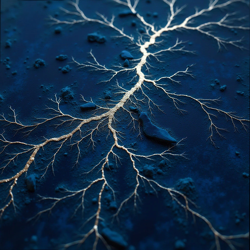The image is dominated by deep blues and accented with shimmering gold lines that branch across a dark surface. Varied textures are present, ranging from the smooth appearance of a central shape to rough stone-like forms scattered throughout the composition. Light appears to emanate *from* within the golden branches, creating contrast against the surrounding darkness and suggesting depth as the branching network recedes into the space.