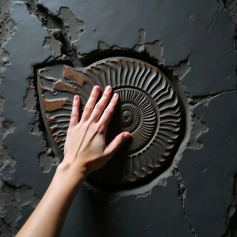 A pale human hand rests against a dark, textured ammonite relief embedded in a matte gray, cracked surface. The composition features concentric, ridged circular shapes within the fossil, contrasting with the irregular, jagged edges of the surrounding stone. Soft directional light creates subtle shadows that emphasize the deep grooves of the shell and the rough topography of the wall.