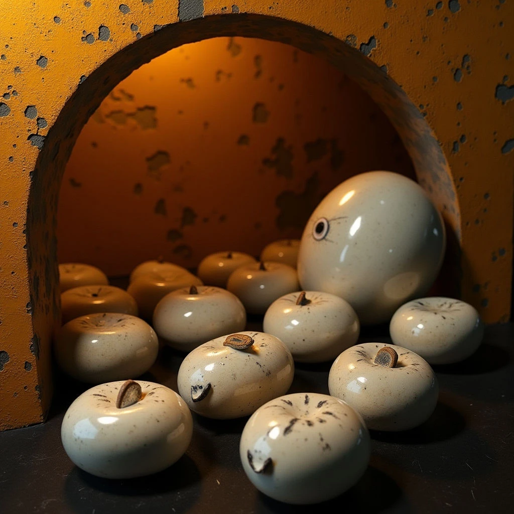 The scene features a collection of rounded, off-white forms with speckled texture clustered within an arched opening of rough, golden-yellow material riddled with holes. Soft light illuminates the objects from within the archway, creating shadows and highlights that emphasize their volume and placement. The arrangement appears dense in the back and gradually thins towards the foreground, where one larger form with facial features is visible.