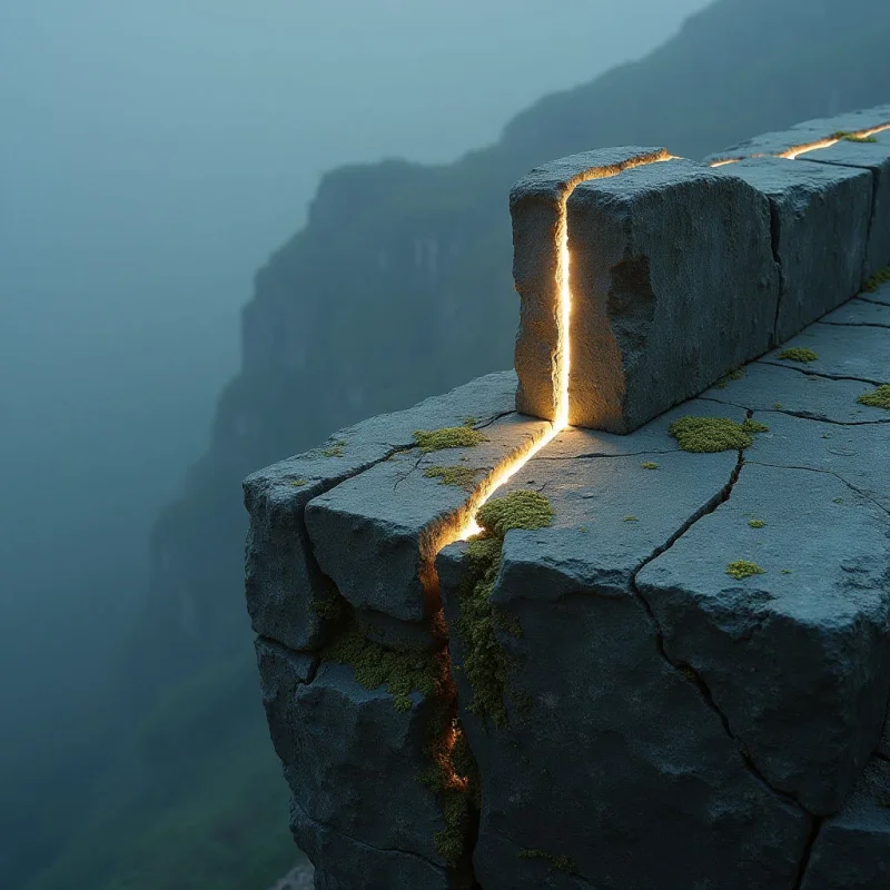 Cracked, dark gray stone blocks with rough textures form a jagged ledge overlooking a misty, blue-toned mountain landscape. Glowing orange light emanates from deep fissures within the stone, creating a sharp contrast against the cool, muted surroundings. The composition features heavy, solid geometric shapes set against a vast, hazy background of soft, sloping cliffs.