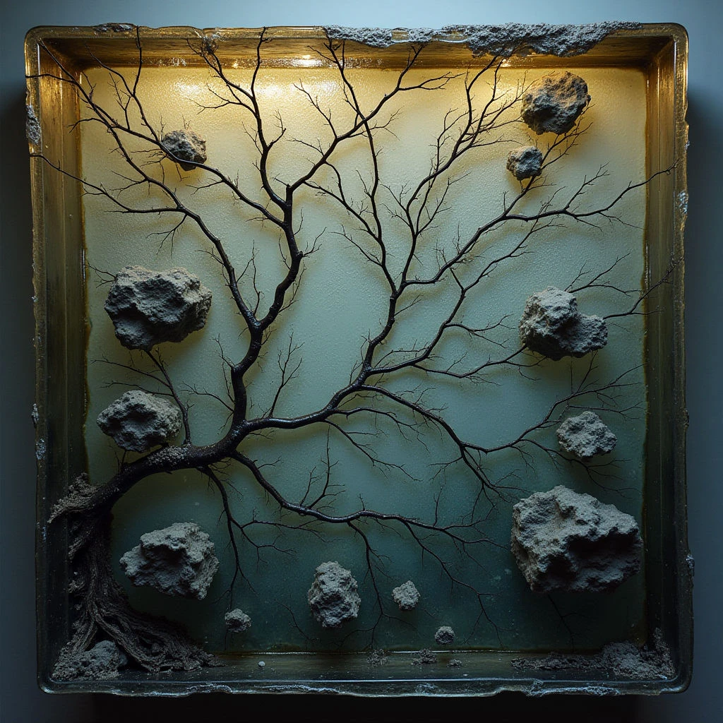 The image features a dark network of branches extending across a pale teal background within a gold frame. Rough, irregularly shaped stones are distributed throughout the composition, appearing to float in front of and behind the branches. Light emanates from the upper center, creating highlights on the branches and casting shadows that suggest depth within the enclosed space.