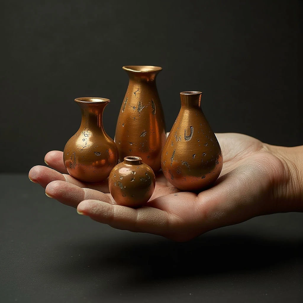 Four small vessels in varying sizes and bulbous forms rest within an open palm against a dark background. The objects are primarily shades of copper and orange with uneven textures suggesting a weathered or pitted surface; light reflects off their curves creating highlights and shadows. Spatial relationships indicate the vessels are clustered closely together, contained by the hand and set apart from the flat, uniform darkness behind them.