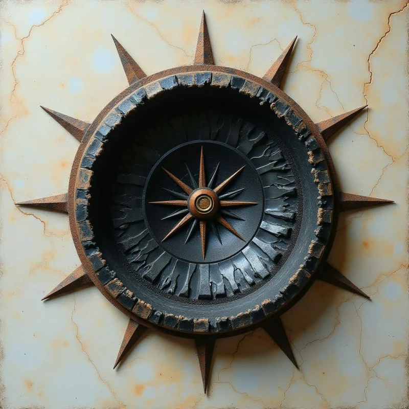 A dark, circular relief with a spiked perimeter is centered against a pale, marbled background featuring thin, branching cracks and amber stains. The central object displays a layered texture of rough, chiseled ridges and smooth metallic points in shades of charcoal and bronze. Light descends from above, casting soft shadows within the recessed grooves and beneath the protruding spikes to create a sense of depth.
