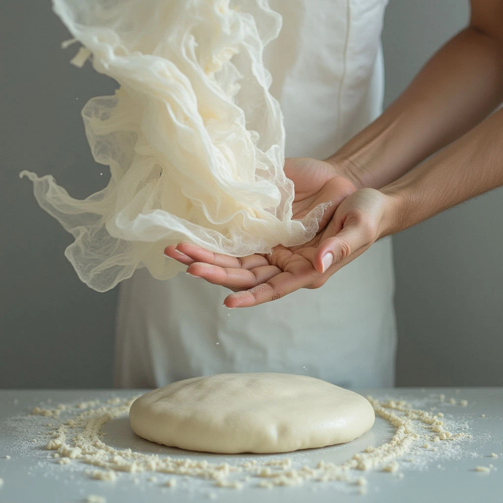 A mound of dough rests on a lightly floured surface, encircled by a ring of the same powder. Above it, a hand is releasing more flour into the air in a soft cascade. The scene evokes a sense of preparation and delicate baking.