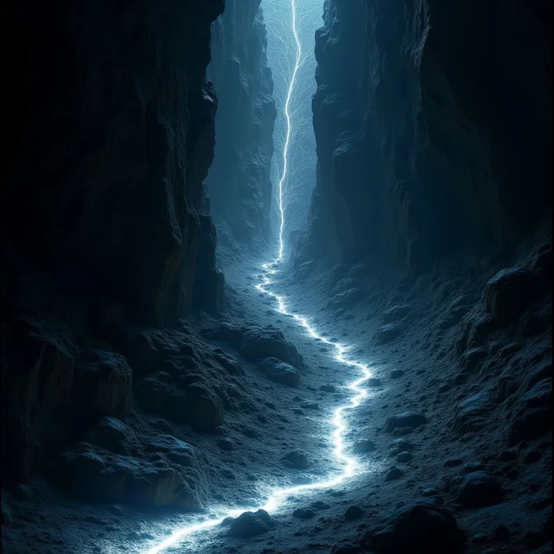 A bright, jagged streak of white and pale blue light winds through a narrow canyon of dark, textured rock. The deep blue and black shadows of the craggy cliffs contrast sharply with the luminous, flowing line that carves a path through the center. The composition is defined by vertical rock walls that frame the central, winding trail of light, creating a sense of depth within a constricted space.