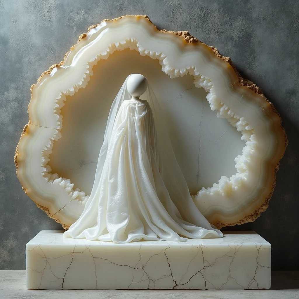 The image features a predominantly cream and pale yellow color palette with accents of warm brown around the edges of a large, irregularly shaped form. Smooth, flowing fabric drapes over a faceless figure positioned centrally within an opening carved into the textured, banded stone, which rests on a rectangular base of similar material. Soft light illuminates the scene, creating subtle shadows that define the curves of the cloth and highlight the variations in the stone’s surface.