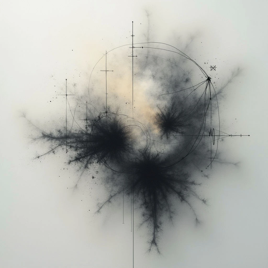 Dark, cloud-like shapes burst outwards from a central point on a pale background, resembling smoke or fragmented energy. Fine lines and geometric forms—circles, squares, and graphs—are overlaid across the composition, creating a sense of scientific analysis or mapping. The overall effect is abstract and ethereal, suggesting both chaos and underlying structure.
