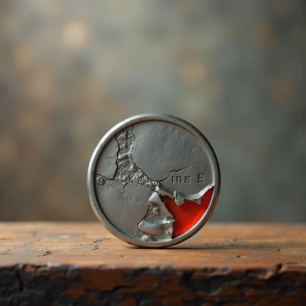 The image features a circular metallic object resting on a rough wooden surface against a blurred background of muted browns and greens. The metal has a textured, uneven finish with visible cracks and an inset crimson-colored element along its lower edge; the word 