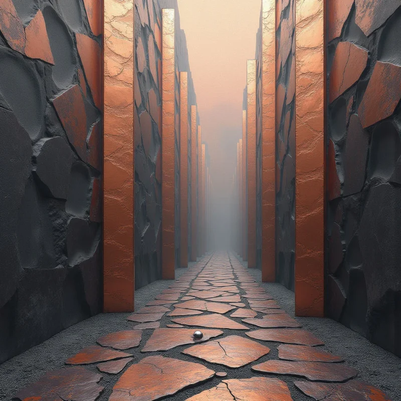 A narrow corridor is formed by dark, textured stone walls and tall, smooth copper-colored pillars that recede into a bright, misty distance. The ground consists of irregular, reddish-brown stone slabs set within a fine gray gravel. Soft light emanates from the hazy background, casting subtle highlights on the metallic surfaces and creating a sense of deep linear perspective.