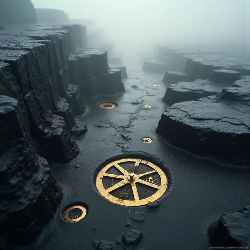 Dark, craggy rock formations with rough, wet textures flank a narrow channel of dark water. Large and small golden circular gears are embedded within the fluid surface, creating bright geometric contrasts against the muted gray tones. A thick white mist obscures the background, blurring the spatial depth and softening the light into a diffused glow.